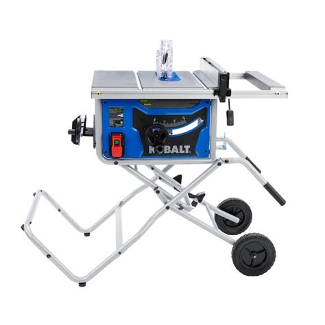 The Genesis GTS10SB 10-Inch 15-Amp Table saw with stand has a 24"x 20" die-cast aluminum table with oversized sliding miter gauge for miter cuts from 0 to 45 degrees. . 10 kobalt table saw